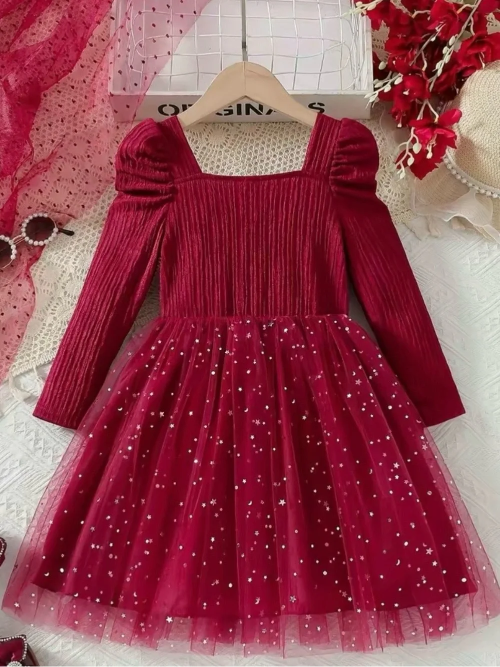 Girls Sparkle Tulle Party Dress with Bow - Deep Red